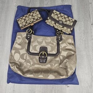 Coach Large Two Way Handle Brown Tan Shoulder Handbag Purse + Matching Wallets